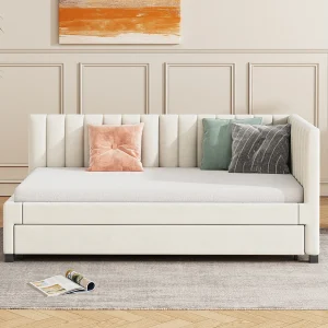 Gestoffeerd slaapbankbed 90×200 cm van fluweel, beige, met uitschuifbed en lattenbodem