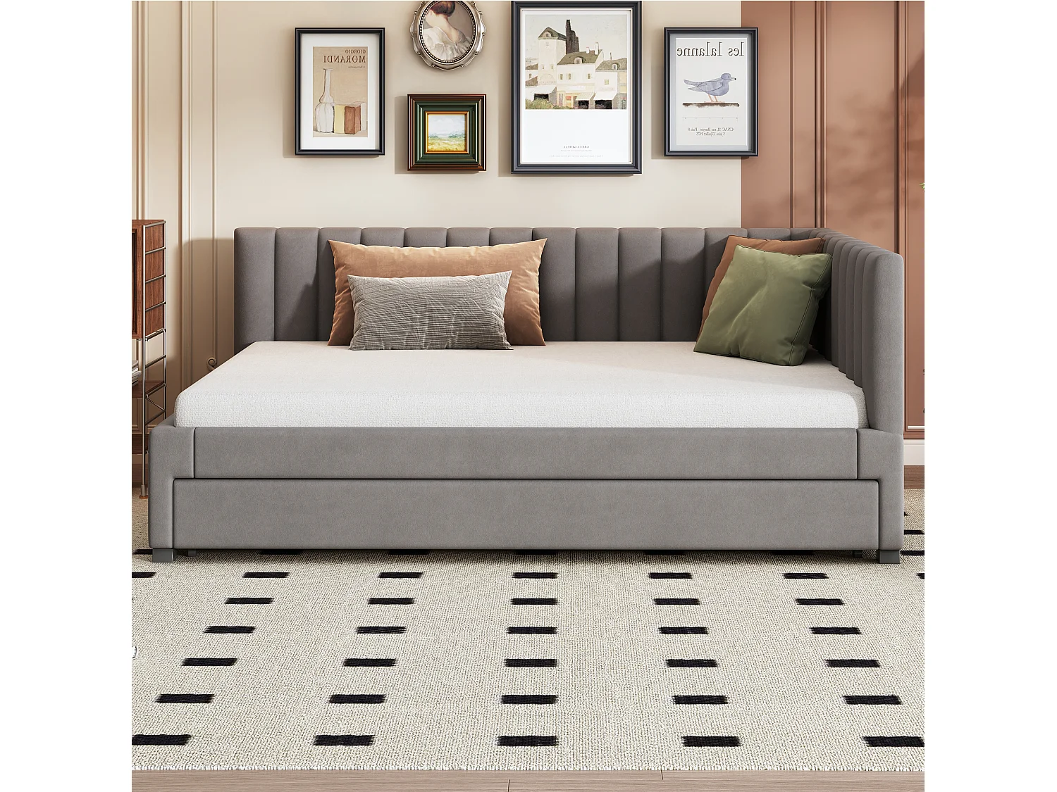Gestoffeerd bed 140x200 cm van fluweel stof, grijs, met uitschuifbaar onderbed en lattenbodem