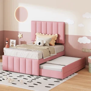 Gestoffeerd eenpersoonsbed 203x90x118 cm, roze stof, met uitschuifbed en 3 lades