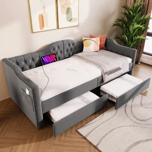Gestoffeerd daybed 90×190 cm van grijs linnen met 2 lades en USB/Type-C Gestoffeerd daybed 90×190 cm van grijs linnen met 2 lades en USB/Type-C