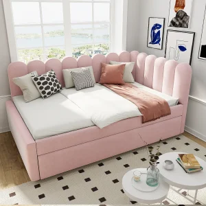 Gestoffeerd slaapbankbed 140×200 cm van fluweel, roze, L-vorm met uitschuifbed Gestoffeerd slaapbankbed 140×200 cm van fluweel, roze, L-vorm met uitschuifbed
