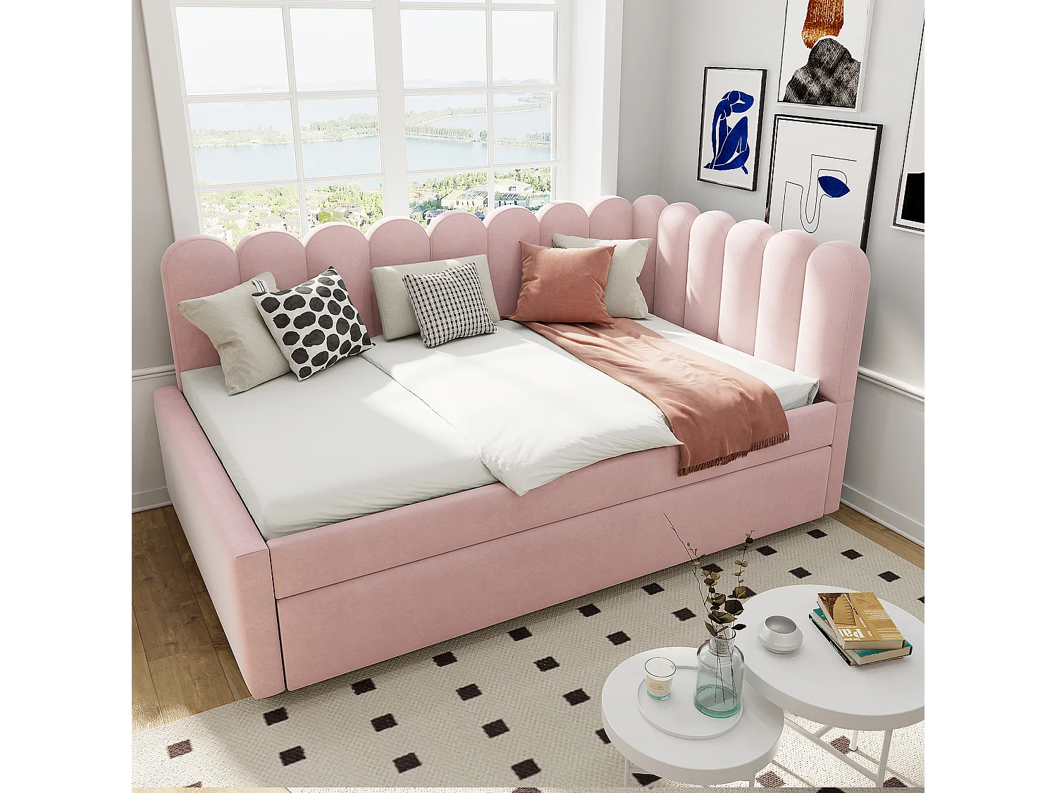 Gestoffeerd slaapbankbed 140x200 cm van fluweel, roze, L-vorm met uitschuifbed
