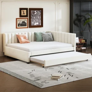 Gestoffeerd slaapbankbed 140×200 cm met uitschuifbed, beige fluweel Gestoffeerd slaapbankbed 140×200 cm met uitschuifbed, beige fluweel