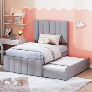 Gestoffeerd eenpersoonsbed 203x90x118 cm, grijs linnen, met uitschuifbed en 3 lades