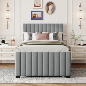 Gestoffeerd bed 90×190 cm van fluweel (grijs) met uitschuifbed