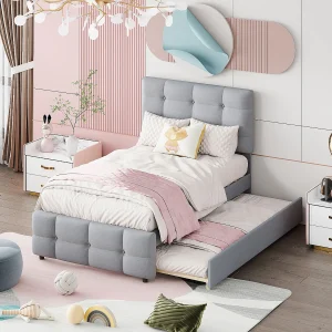 Gestoffeerd kinderbed 90×200 cm van linnen stof, grijs, met uitschuifbed en verstelbaar hoofdbord Gestoffeerd kinderbed 90×200 cm van linnen stof, grijs, met uitschuifbed en verstelbaar hoofdbord