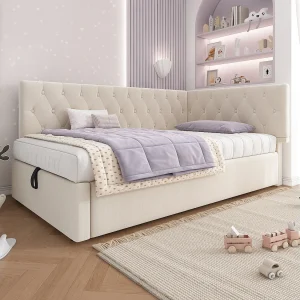 Gestoffeerd daybed 90×200 cm van velvet, beige, met hydraulische opbergruimte