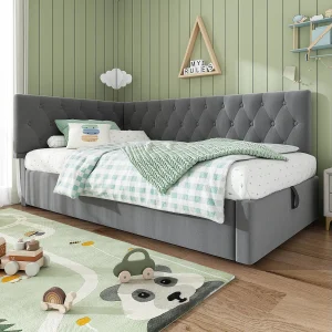 Gestoffeerd daybed 90×190 cm van fluweel, grijs, L-vorm met hydraulische opbergruimte Gestoffeerd daybed 90×190 cm van fluweel, grijs, L-vorm met hydraulische opbergruimte