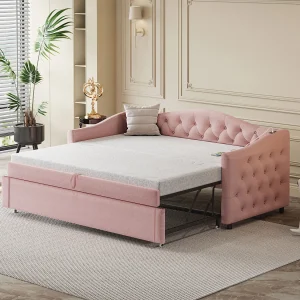 Gestoffeerd slaapsofa 90×200 cm van linnen, roze, met USB-aansluiting en lattenbodem