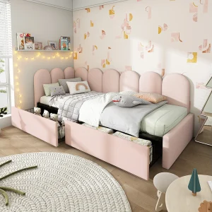 Gestoffeerd daybed 90×200 cm van fluweel, roze, met 2 opberglades en lattenbodem Gestoffeerd daybed 90×200 cm van fluweel, roze, met 2 opberglades en lattenbodem