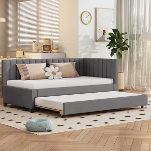 Gestoffeerd slaapbankbed 90×200 cm, grijs fluweel met uitschuifbed en lattenbodem