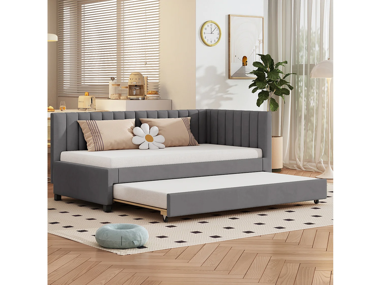Gestoffeerd slaapbankbed 90x200 cm, grijs fluweel met uitschuifbed en lattenbodem