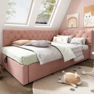 Gestoffeerd daybed 90×200 cm van fluweel (roze) met hydraulische opbergruimte Gestoffeerd daybed 90×200 cm van fluweel (roze) met hydraulische opbergruimte