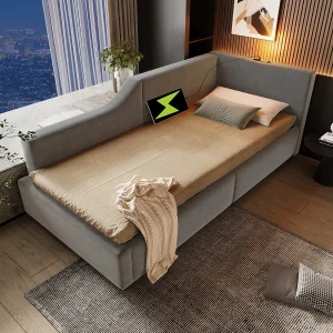 Gestoffeerd daybed 90×190 cm van fluweel, grijs, met opbergruimte, leeslamp en USB-C Gestoffeerd daybed 90×190 cm van fluweel, grijs, met opbergruimte, leeslamp en USB-C