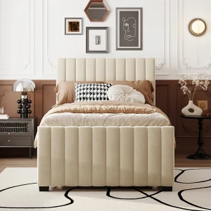 Gestoffeerd kinderbed 90×190 cm met uitschuifbed, beige fluweel Gestoffeerd kinderbed 90×190 cm met uitschuifbed, beige fluweel