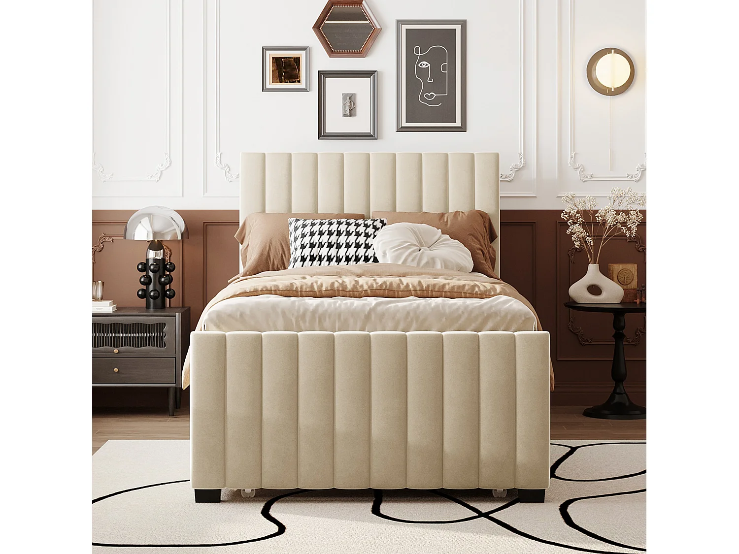 Gestoffeerd kinderbed 90x190 cm met uitschuifbed, beige fluweel