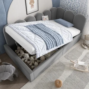 Gestoffeerd daybed 90×190 cm met opbergruimte, grijs velvet en metalen lattenbodem Gestoffeerd daybed 90×190 cm met opbergruimte, grijs velvet en metalen lattenbodem