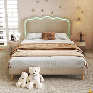 Gestoffeerd bed 140×200 cm van linnen, beige, met LED-hoofdbord en verstelbaar hoofdeinde Gestoffeerd bed 140×200 cm van linnen, beige, met LED-hoofdbord en verstelbaar hoofdeinde