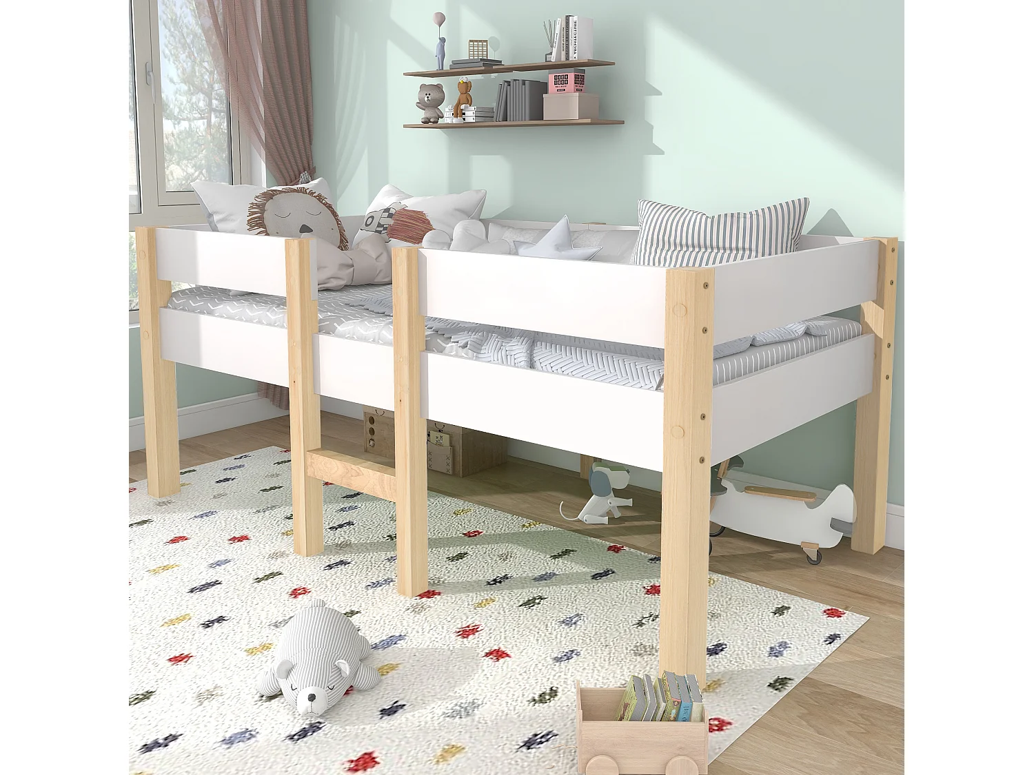 Halfhoog kinderbed 90x200 cm van massief grenenhout en MDF, wit, met uitvalbeveiliging