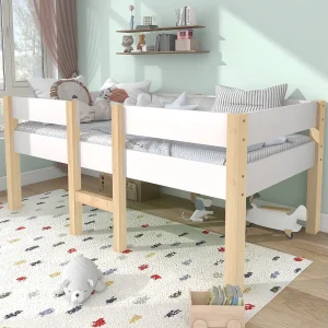 Halfhoog kinderbed 90×190 cm van massief grenenhout/MDF, wit met uitvalbeveiliging en ladder Halfhoog kinderbed 90×190 cm van massief grenenhout/MDF, wit met uitvalbeveiliging en ladder