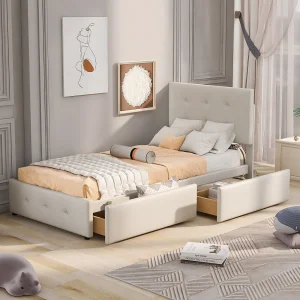 Gestoffeerd bed 90 x 200 cm – met 2 lades, lattenbodem en verstelbaar hoofdeinde, fluwelen stof, Scandinavische stijl – Beige