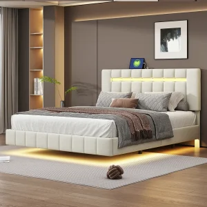 Gestoffeerd volwassen bed, zwevend bedframe met LED-lampen, vlak tweepersoonsbed met lattenbodem en LED-hoofdbord, beige 160x200cm Gestoffeerd volwassen bed, zwevend bedframe met LED-lampen, vlak tweepersoonsbed met lattenbodem en LED-hoofdbord, beige 160x200cm