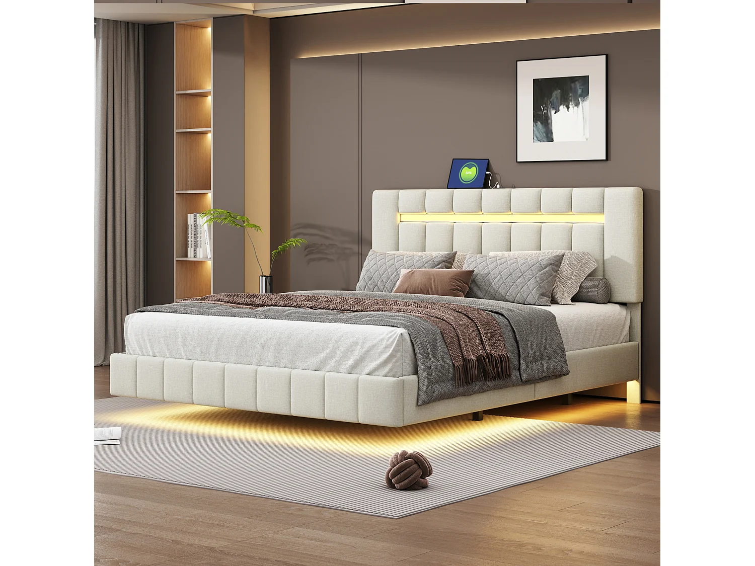 Gestoffeerd volwassen bed, zwevend bedframe met LED-lampen, vlak tweepersoonsbed met lattenbodem en LED-hoofdbord, beige 160x200cm
