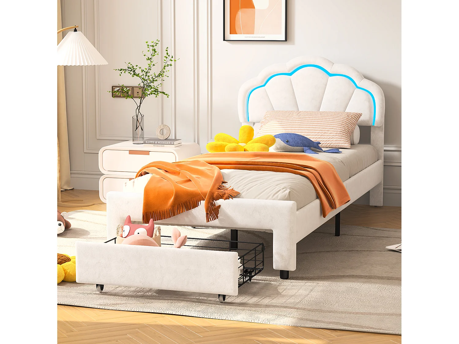 Gestoffeerd eenpersoonsbed 90x200 cm met lades, fluweel, LED-lichtstrip - Wit