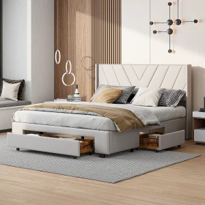 Gestoffeerd bed 140x200cm in linnen met 3 lades + lattenbodem – Beige Gestoffeerd bed 140x200cm in linnen met 3 lades + lattenbodem – Beige