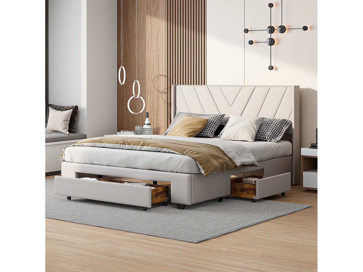 Gestoffeerd bed 140x200cm in linnen met 3 lades + lattenbodem - Beige