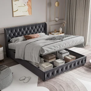 Gestoffeerd fluwelen opbergbed – versierd met klinknagels – met lattenbodem – 140x200cm – Grijs Gestoffeerd fluwelen opbergbed – versierd met klinknagels – met lattenbodem – 140x200cm – Grijs