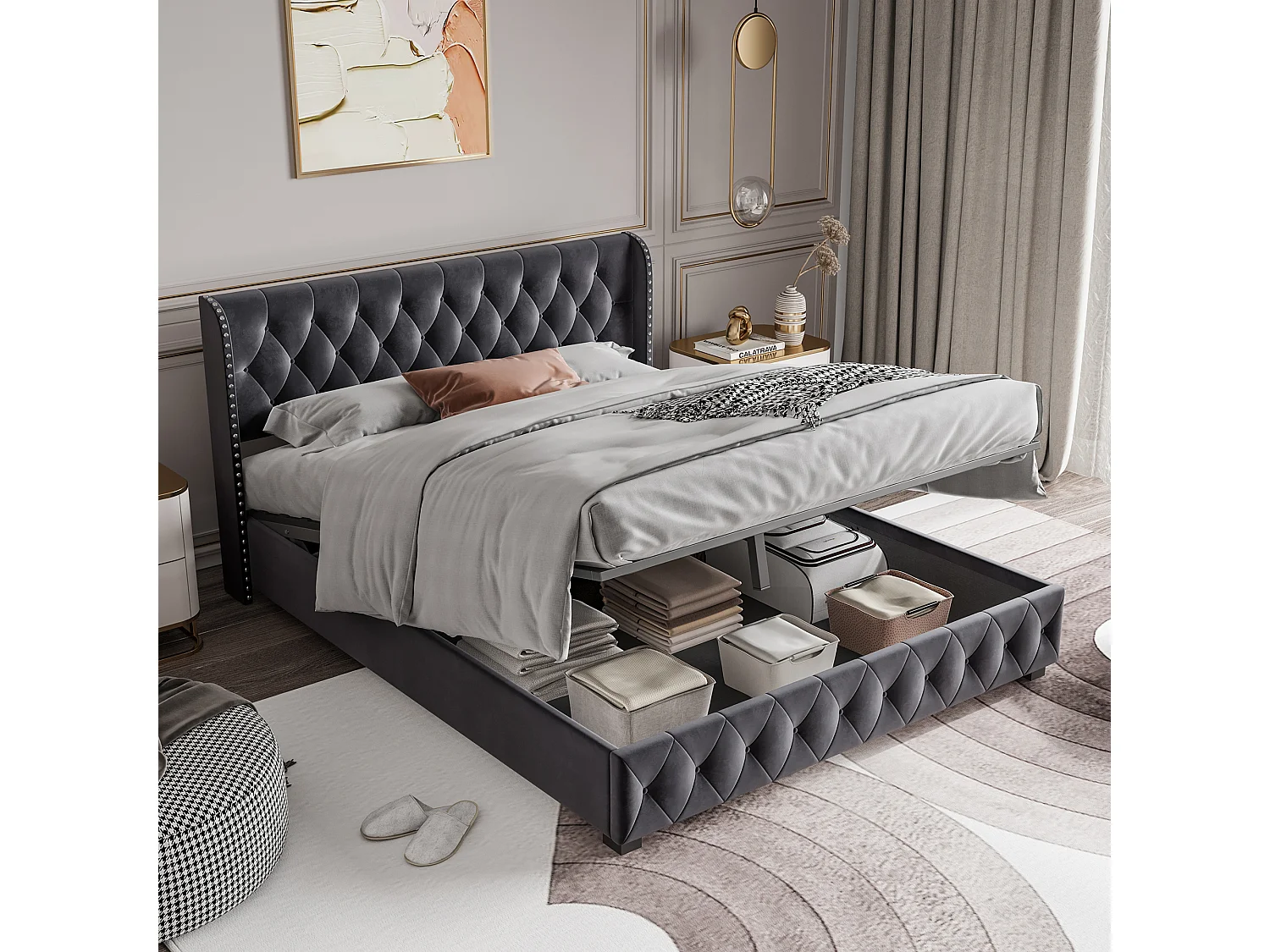 Gestoffeerd fluwelen opbergbed - versierd met klinknagels - met lattenbodem - 160x200cm - Grijs
