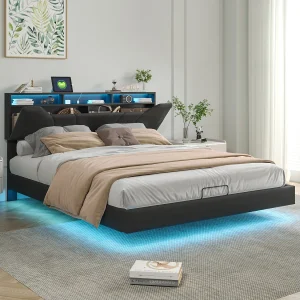 Gestoffeerd tweepersoonsbed 160x200cm – met USB en LED-verlichting – Bedframe met opberghoofdeinde en opbergvak voor bed, in PU – Grijs Gestoffeerd tweepersoonsbed 160x200cm – met USB en LED-verlichting – Bedframe met opberghoofdeinde en opbergvak voor bed, in PU – Grijs