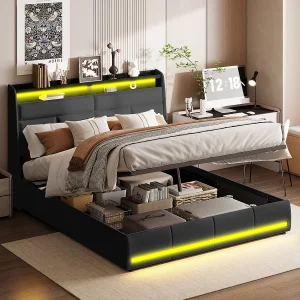 Gestoffeerd bed 140×200 cm met LED-verlichting, getuft, lattenbodem, bedstee en hydraulische functie, in zwart PU, logeerbed voor volwassenen.