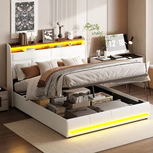 Gestoffeerd bed 140×200 cm met LED-verlichting, getuft, lattenbodem, bedstee en hydraulische functie, in wit PU, extra bed voor volwassenen.