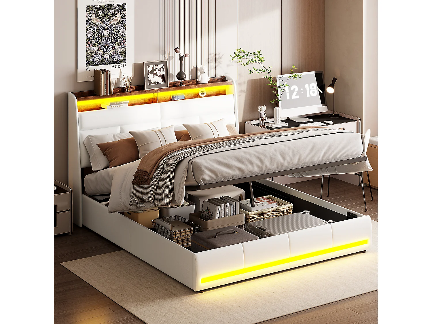 Gestoffeerd bed 140x200 cm met LED-verlichting, getuft, lattenbodem, bedstee en hydraulische functie, in wit PU, extra bed voor volwassenen.
