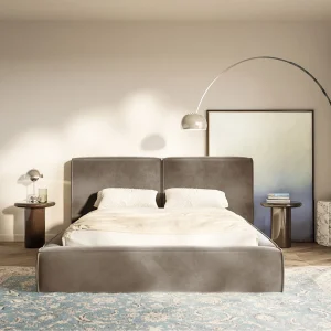 Gestoffeerd bed 160×200 – opbergruimte – lattenbodem – velours – lichtbruin – TILVES