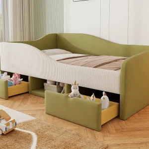 Gestoffeerd kinderbed 90×190 cm – met 2 laden – met lattenbodem – Groen (matras niet inbegrepen) Gestoffeerd kinderbed 90×190 cm – met 2 laden – met lattenbodem – Groen (matras niet inbegrepen)