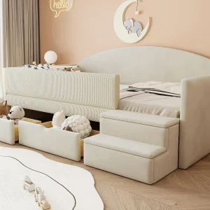 Gestoffeerd kinderbed 90×190 cm – met 2 laden – met treden – fluweel – beige (matras niet inbegrepen) Gestoffeerd kinderbed 90×190 cm – met 2 laden – met treden – fluweel – beige (matras niet inbegrepen)