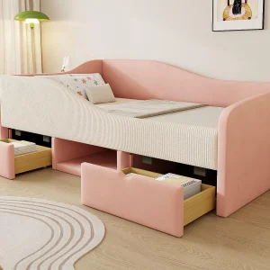Gestoffeerd kinderbed 90×190 cm – met 2 laden – met lattenbodem – Roze (matras niet inbegrepen) Gestoffeerd kinderbed 90×190 cm – met 2 laden – met lattenbodem – Roze (matras niet inbegrepen)