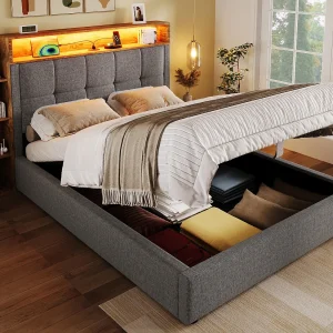 Gestoffeerd opbergbed 90×200 cm – met USB Type-C – LED-verlichting – linnen – grijs (matras niet inbegrepen) Gestoffeerd opbergbed 90×200 cm – met USB Type-C – LED-verlichting – linnen – grijs (matras niet inbegrepen)