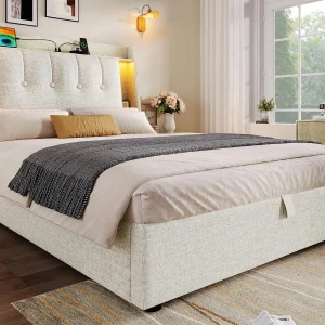 Gestoffeerd opbergbed 90×200 cm – met USB Type-C oplaadmogelijkheid – LED-verlichting – linnen – beige (matras niet inbegrepen) Gestoffeerd opbergbed 90×200 cm – met USB Type-C oplaadmogelijkheid – LED-verlichting – linnen – beige (matras niet inbegrepen)