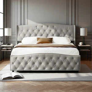 Grijze Velvet Gestoffeerde Opbergbed – 160×200 cm – Hydraulische Lift – Tweepersoonsbed met Hoofdbord en Kistopslag