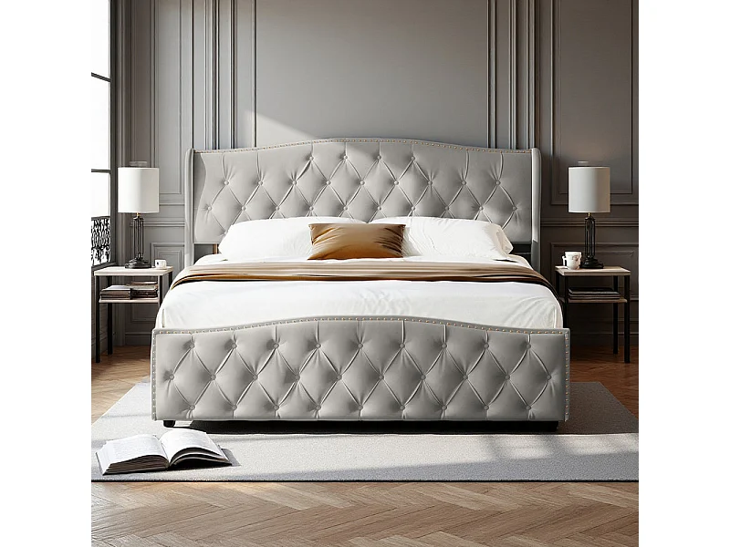 Grijze Velvet Gestoffeerde Opbergbed - 160x200 cm - Hydraulische Lift - Tweepersoonsbed met Hoofdbord en Kistopslag