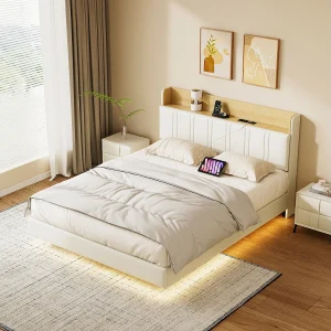 Gestoffeerd Bed 140×190 cm Wit met Opbergruimte, Zwevend Effect, LED-Verlichting & USB-Poort – Metalen Frame en Houten Latten Gestoffeerd Bed 140×190 cm Wit met Opbergruimte, Zwevend Effect, LED-Verlichting & USB-Poort – Metalen Frame en Houten Latten