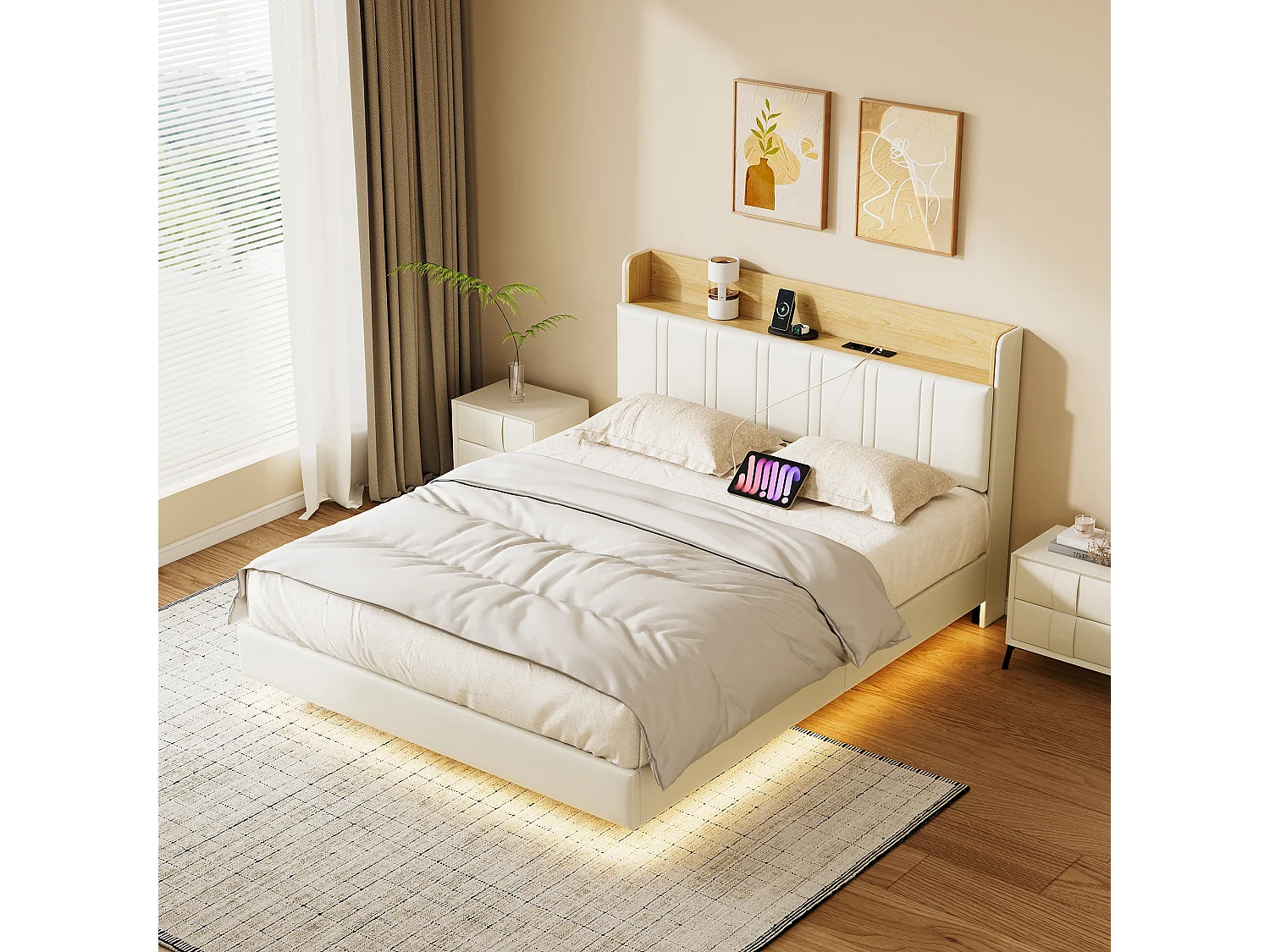 Gestoffeerd Bed 140x190 cm Wit met Opbergruimte, Zwevend Effect, LED-Verlichting & USB-Poort - Metalen Frame en Houten Latten