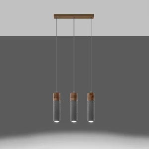 Hanglampen Avier industrieel van  – 3 lichtbronnen 3000K – L.45 x H.120 cm – grijs/natuurlijk hout