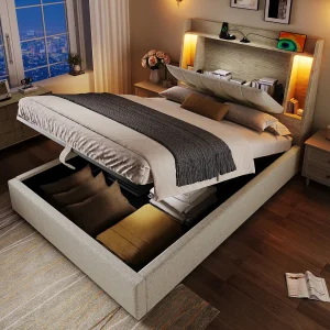 Gestoffeerd opbergbed – 90 x 200 cm – met USB + LED's + opberghoofdeinde – linnen – beige Gestoffeerd opbergbed – 90 x 200 cm – met USB + LED's + opberghoofdeinde – linnen – beige