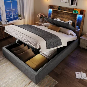 Gestoffeerd opbergbed – 90 x 200 cm – met USB + LED's + opberghoofdeinde – linnen – grijs Gestoffeerd opbergbed – 90 x 200 cm – met USB + LED's + opberghoofdeinde – linnen – grijs