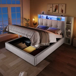 Gestoffeerd opbergbed – 90 x 200 cm – met USB-aansluiting, LED-verlichting, hoofdbord en opbergplank – linnen – beige Gestoffeerd opbergbed – 90 x 200 cm – met USB-aansluiting, LED-verlichting, hoofdbord en opbergplank – linnen – beige